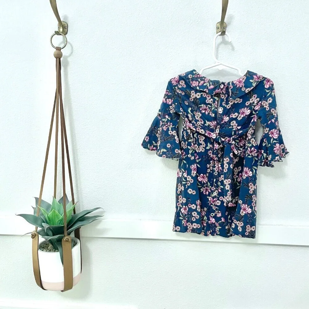 Lil Lemons Floral Long Sleeve Bell Sleeve Dress Blue Size 2T